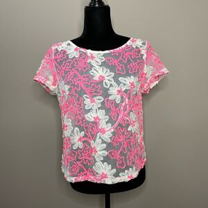 Meadow Rue White & Neon Pink Floral Lace Short Sleeve Top